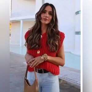 ClearLove Cropped Button Down Cardigan Sweater Vest Size Small Red NWT